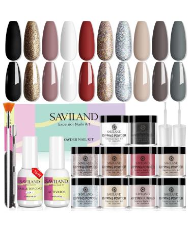 Saviland Dip Powder Nail Kit - 10 Colors Dip Powder Starter Kit Glitter Brown Nude Black White Dipping Powder French Manicure with 2-In-1 Base Top Coat Activator Brush No Nail Lamp Needed