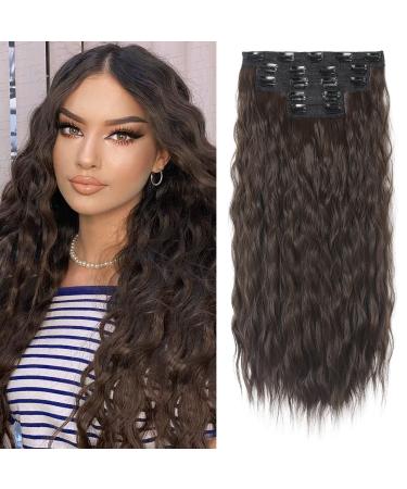 Clip in Hair Extensions REECHO 5PCS Brown Hair Extensions 24" Thick Long Loose Waves hair extensions HE002 Invisible Lace Weft Natural Soft Hairpieces for Women C Dark Chocolate Brown