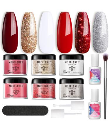 Modelones 12Pcs Dip Powder Nail Kit Starter  Valentine's Day 6 Colors Red White Glitters Dipping Powder System Liquid Set with Base & Top Coat Activator Dip Nail Kit French Nail Art Beginner Manicure Tools DIY Salon