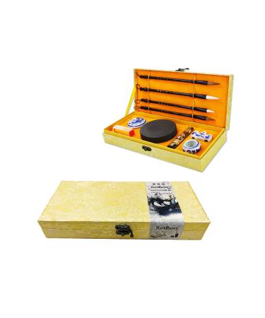 HorBous 10 PCS Chinese Calligraphy Set Inkstone + Writing and Painting Brush + Ink Block + Seal + Inkpad + Pen Rack + Water Bowl (Basic)