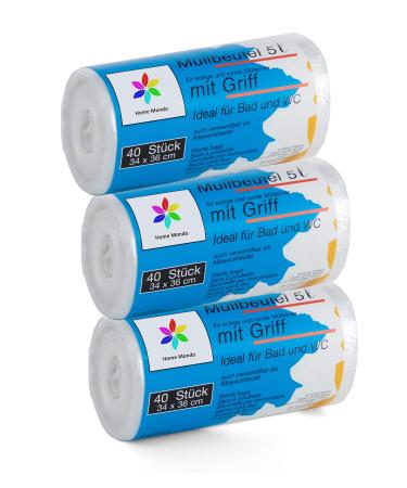 120 pieces of garbage bag Premiumline: 5 liters 3 -pack size: 34 x 36 cm - particularly tear -resistant and waterproof - with a stretcher handle/handle 5 liters 120 pieces (1 Pack)