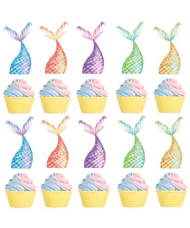 Cyodoos 25Pcs Mermaid Tails Cupcake Toppers Mermaid Tail for Mermaid Party Decoration Baby Shower Party Supplies (two-sided)