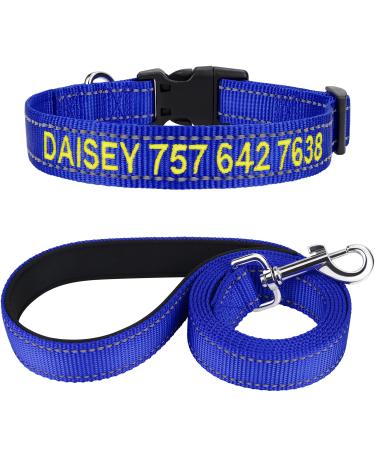 Tagme dog collar and leash personalizing reflective dog collar with 1.5m double -sided reflective dog leash for large dogs royal blue l (1 Pack) royal blue set