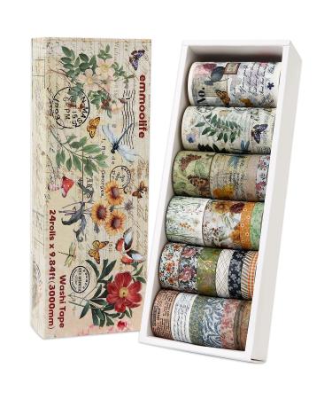 24 Rolls Vintage Washi Tape Set, 5/8/10/15/30/75mm Wide 9.84ft long/Roll Antique Floral Letter Butterfly Mushroom Botanical Writable Decorative Tapes for Scrapbooking Supplies, Junk Journal, Art Craft Natural