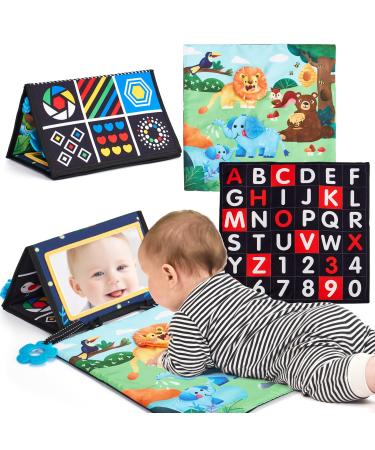 Baby mirror toys 0-6 months Tummy Time Mat with bite ring toddler toy black and white crinkle toy toys foldable baby cloth book brain development toys for newborns 0 3 6 months