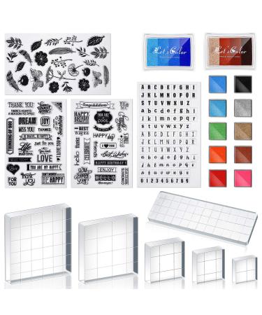 22 Pieces Acrylic Stamp Blocks Tools Set Include 6 Stamp Blocks Acrylic Stamping Clear Block, 4 Transparent Silicone Clear Stamps Seal, 12 Craft Ink Pad Stamp Pad for Scrapbooking Card Making