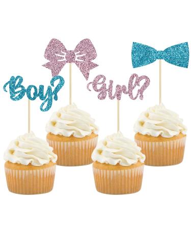 Gyufise 36Pcs Boy or Girl Cupcake Toppers Glitter Bow Tie Cupcake Picks Baby Shower Cake Topper Decorations for Kids Birthday Gender Reveal Party Cake Decorations Supplies
