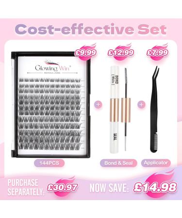 Glowing Win Individual Eyelash Extensions Set - DIY Cluster Lashes Kit with 144 PCS Lash Bond & Seal Tweezers | 8-16mm Natural False Eyelashes for Stunning Looks - Buy Online on SooperMarket.com