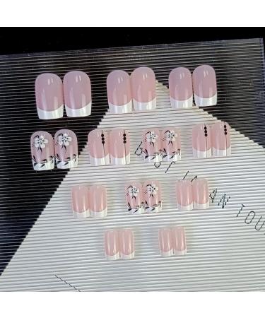 Justotry 24 Pcs Square White French Flower Press on Nails with Leaf Pattern - Medium Glossy Squoval Fake Nails for Women | Nail Glue Included - Buy Online on SooperMarket.com