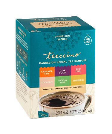 Teeccino Roasted Herbal Tea Dandelion Tea Sampler 6 Flavors Caffeine Free 12 Tea Bags 2.54 oz (72 g)