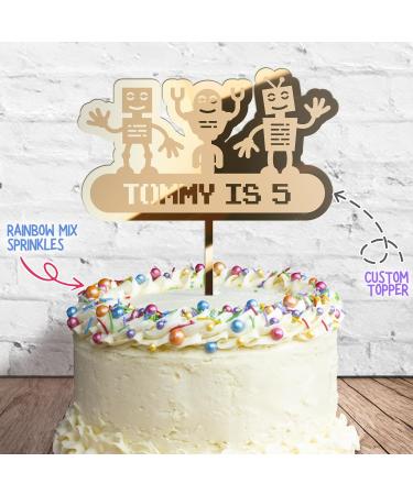 Cakeshop Cake Decoration Pack | Robot Alien Birthday Premium 3mm Mirror Acrylic Plastic Cake Topper Sign & 25g Party Pack of Cake Sugar Sprinkles | Custom Name & Age Cake Decorations (Gold) Non-Prime Mirror Acrylic: Gold - Buy Online on SooperMarket.com