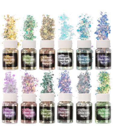 LET'S RESIN Opal Chunky Glitter for Resin, 12 * 10g Craft Glitter Powder for Tumblers/Slime, Iridescent Glitter Chameleon Glitter Sequins Festival Decor(Each 0.35oz)