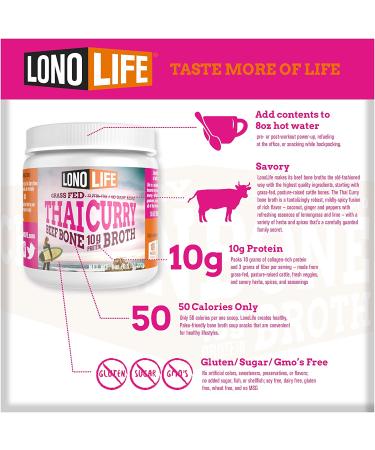 LonoLife Thai Curry Beef Bone Broth Powder - 10g Protein, Paleo & Keto Friendly, Gluten-Free - 8oz Bulk Container, 15 Servings - Packaging May Vary - Buy Online on SooperMarket.com