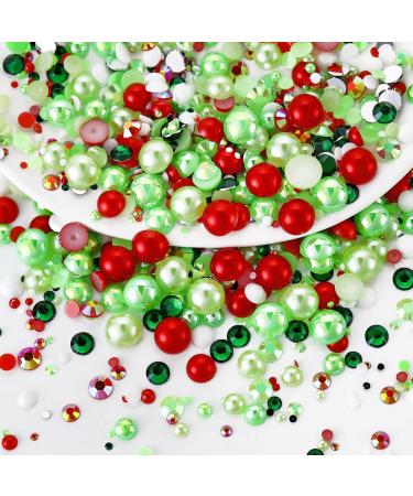 60g Mix Pearls and Rhinestones Flatback Rhinestones and Pearls for Crafts Tumblers Shoes Nails Face Art 2mm-10mm Mixed Sizes Half Pearls and Rhinestones Red|Green|White Christmas Blend | Mix Red | Green | White