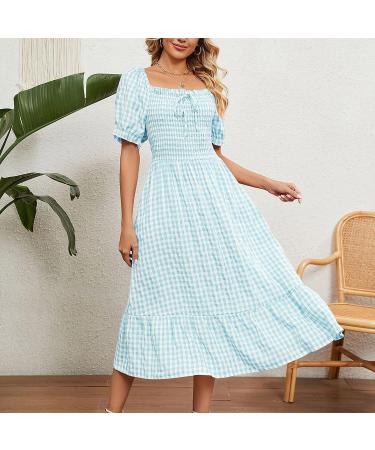 2023 Women's Casual Ruffle Sundress | Smocked Flowy Maxi Dress | Square Neck Plaid | Pink X-Large - Buy Online on SooperMarket.com
