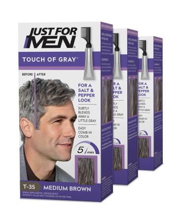 Just For Men Touch of Gray  Mens Hair Color Kit with Comb Applicator for Easy Application  Great for a Salt and Pepper Look - Medium Brown  T-35  Pack of 3 3 Count (Pack of 1) Medium Brown T-35