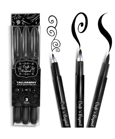 Craft 'n' Beyond Calligraphy Brush Pens Pack of 3 Small Medium and Large Markers for Hand Lettering Art Drawing Sketching Scrapbooking Journaling - Beginner Kit with Fadeproof Black Ink