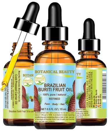 Brazilian BURITI FRUIT OIL Pure Natural Virgin Refined Cold Pressed Carrier Oil Undiluted 0.5 fl.oz- 15 ml for Face Body Hair Lip and Nails by Botanical Beauty