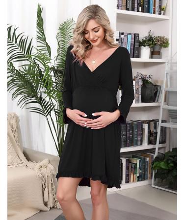 Bresdk Women's Maternity Nightdress - Long Sleeve Breastfeeding Nightgown for Pregnant Women - Loungewear Pyjamas in Black - Buy Online on SooperMarket.com