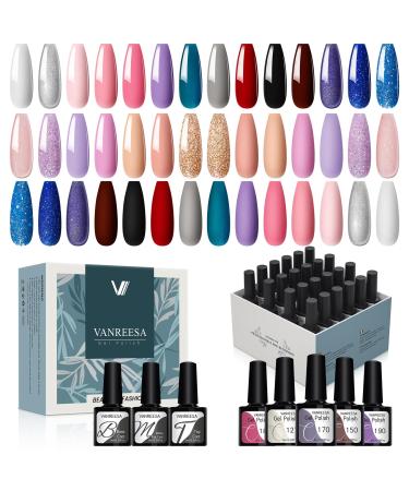 VANREESA 24 PCS Gel Nail Polish Pink Nude Purple Blue Gel Nail Polish Set Spring Summer Gel Polish Kit Soak Off U V Gel Nail Polish Set with Base Top Coat Nail Art Set Gifts for Women Brilliant Starry Sky
