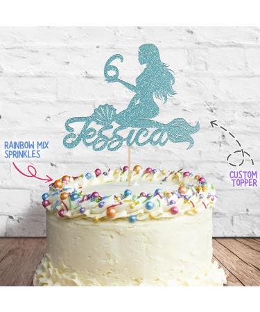 Cakeshop Cake Decoration Pack | Mermaid Happy Birthday Premium Double Sided Glitter Card Cake Topper & 25g Party Pack of Cake Sugar Sprinkles | Custom Name & Age Cake Decorations (Baby Blue) Non-Prime Glitter Card: Baby Blue - Buy Online on SooperMarket.com