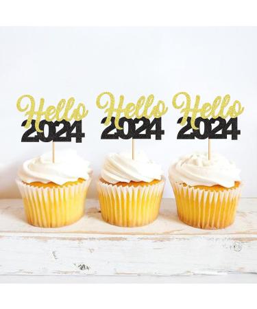 30 Pcs Glitter Happy New Year Cupcake Toppers 2024 Gold Black Cupcake topper Cheers to 2024 Cake Picks for New Years Eve Party Decoration (Hello) - Buy Online on SooperMarket.com