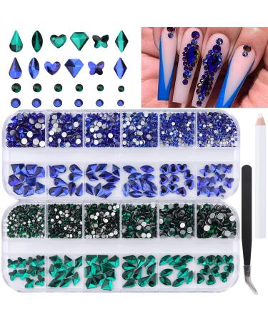 Kalolary Green Nail Rhinestones, Blue Crystal Gems Charm Nail Diamond 3D Flat Back Multi Shapes Stone with Tweezer and Picker for Summer DIY Acrylic Nail Art Decoration Green+Blue