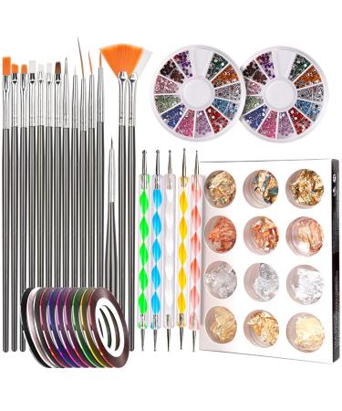 Nail Art Brushes Set with Nail Foil Teenitor Nail Starter Kit with Nail Gems Nail Striping Tape for Acrylic Nail Decorations Nail Pen Designer Tool for Gel Nails Accessories Decoration Black B-Black