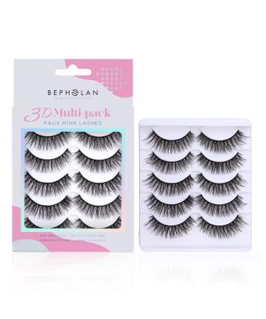 BEPHOLAN Fake Eyelashes, 5 Pairs Mink Lashes Faux Fluffy Natural Look False Eyelashes,Synthetic Fiber Material Wispy Strip False Lashes,100% Handmade & Reusable, XMZ24-Lite Black