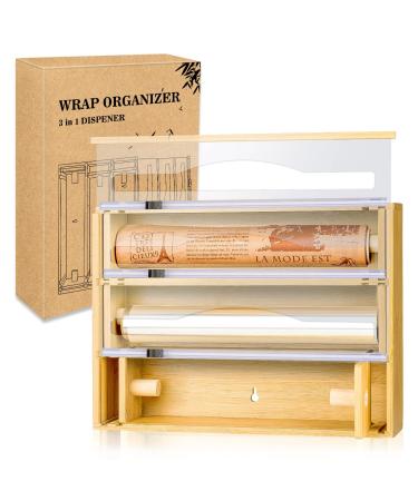 3 In 1 Bamboo Plastic Wrap Dispenser with Cutter, for Plastic Wrap, Wax Paper, Aluminum Foil, Fits 12" Roll, Housewarming Mother's Day Gifts Present 3 In 1 Plastic Wrap Dispenser