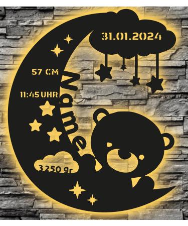 Waluna Teddy Baptism Gift Led Nachtlampe For Kinderzimmer Baby Gift Personalized with name date time time and large for confirmation for girls & boys in 12 wooden torches T02
