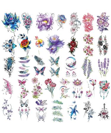 Floral Temporary Tattoos for Women and Kids Waterproof Fake Tattoos for Adults Butterfly, Lion, Deer Designs Realistic Body Art Stickers (50 Sheets) - Buy Online on SooperMarket.com