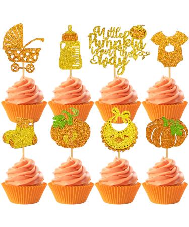Mulukaya 24Pcs Glitter Pumpkin Cupcake Toppers A Little Pumpkin Is On The Way Cake Treat Picks for Thanksgiving Fall Themed Baby Shower Reveal Birthday Party Decorations Supplies