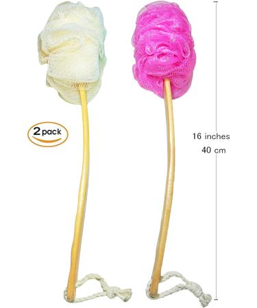 Shower Loofah Body & Back Scrubber 2 PACK - Exfoliating Bath Brush with Long Wooden Handle - For Men & Women - Easy Reach Body Wash Applicator - Buy Online on SooperMarket.com