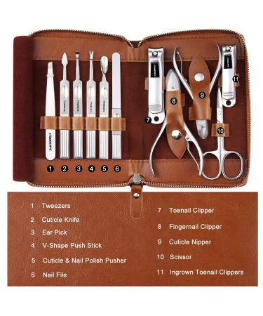 FAMILIFE Professional 11-in-1 Manicure Set with Brown Leather Travel Case - Stainless Steel Nail Clippers & Pedicure Tools Kit for Men - Luxury Grooming Gift - Buy Online on SooperMarket.com