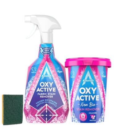 Fabric Stain Remover For Clothes Bundle - Set Includes Astonish Oxy Active Stain Remover Spray (750ml) and Oxy Active Stain Remover Powder (625g) With Sponge.