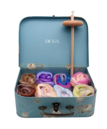 DICHA 3 Inch Drop Spindle Kit- High Low Whorl Wooden Spindles with 5.6 Oz Merino Wool/Top and Instructions-Weaving Spinning Wheels for Beginners-All in A Gift Box-Perfect Spinner Gifts(MC) Round Whorl (blend wool)