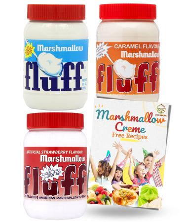 Marshmallow Fluff Original Caramel and Strawberry Mix Flavour (213 g x 3) with Card Recipe - Marshmallow Spread Delights | Gluten-Free and Ideal for Vegetarians