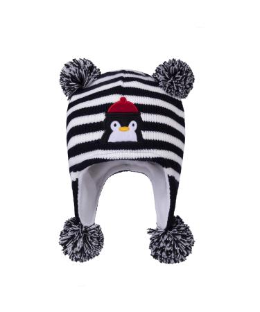 LANGZHEN Toddler Kids Infant Winter Hat Earflap Knit Warm Cap Fleece Lined Beanie for Baby Boys Girls 6-12 Months Penguin -Black Stripe