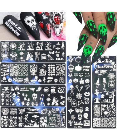 RUNRAYAY Halloween Nail Art Stamping Plates 6Pcs Halloween Nail Stamp Plate Templates Pumpkin Grimace Skull Eye Holiday Party Manicure Stencils Design Tool
