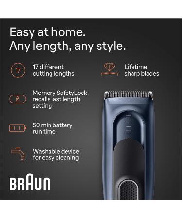 Braun Hair Clippers Series 5 5350 Hair Clippers for Men Hair Clip from Home with 17 Length Settings Incl. Memory SafetyLock Recall Setting Ultra-Sharp Blades 2 Combs Pouch Washable - Buy Online on SooperMarket.com