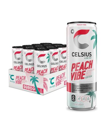 CELSIUS Peach Vibe Sugar Free Energy Drink - Energy Drink with 7 Vitamins & 1 Mineral and No Artificial Flavours or Colours (Pack of 12 x 355ml - 114mg of Caffeine Per Can)