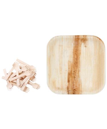 Perfectware 4" Palm Plate & Mini Wooden Spork Sets (Pack of 100 Total Pieces)