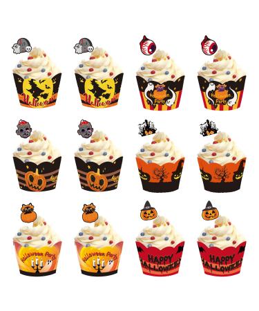 Halloween Cupcake Toppers Wrappers Set - 24 Pieces of Ghoulish Cake Decorations in Pumpkin Bat and Ghost Designs - Creepy Cake Decorating Kit for Halloween Party Supplies Cake Accessories