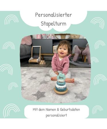 Personalized Mint Label Stacking Tower | Handmade Baby Wooden Toys for Birth & Baptism Gifts - Buy Online on SooperMarket.com