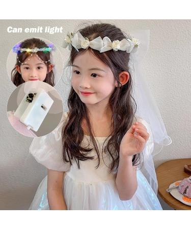 First Communion Veil with Light and Crystal First Holy Communion Veil for Girls White Bow and Flower Crown Lace Veil First Communion Headpiece for Girls First Communion Veil - Buy Online on SooperMarket.com