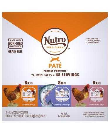 NUTRO Perfect Portions Grain Free Natural Wet Cat Food, Pat, 24 Twin-Packs Variety: Chicken, Salmon, Chicken/Liver 1.32 Ounce (Pack of 48)