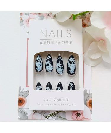 24Pcs Halloween Almond Press on Nails - Black Acrylic False Nails with Grimace & Snake Designs | Long Full Cover Stick on Nails for Women - Buy Online on SooperMarket.com