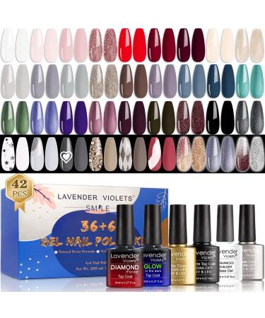 Lavender Violets 42 Pieces Gel Nail Polish Set with Glossy & Matte & Diamond & Glow in the Dark Top Coat and Base Coat - Fall and Winter Colors White Pink Red Blue Soak-off UV LED Gel Shades C958 Beautiful Planet