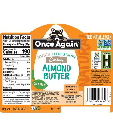 Once Again Natural Creamy Almond Butter 9lbs - Lightly Toasted, Salt Free, Vegan, Gluten Free, Kosher - Buy Online on SooperMarket.com